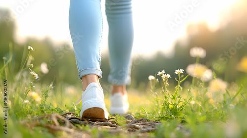 Woman Walking in a Field of Daisies