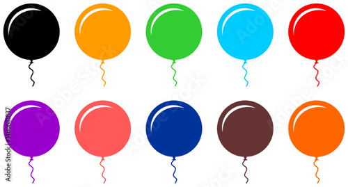 Set of cartoon balloons in different colors. Design for birthday and party. Flying ballons with rope. Vector illustration.