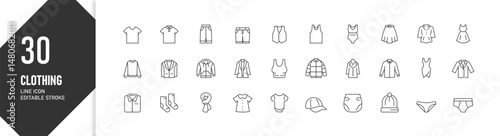 Clothing line icons representing various fashion items in editable stroke