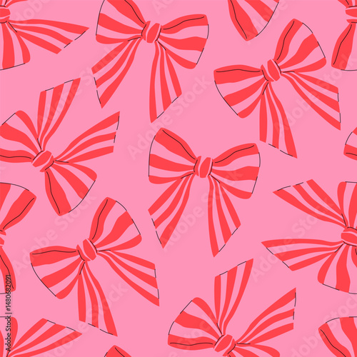 Striped ribbon bow seamless vector pattern. Romantic red and pink repeated background perfect for girly event or valentine's day.
