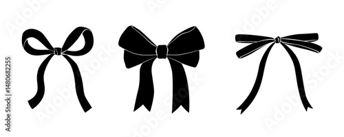 Elegant bows silhouettes isolated. Black and white clip art. Vector illustration.
