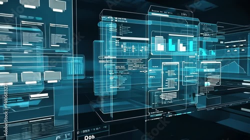 futuristic holographic interface of a file manager, folder structure with documents and data scanning motion video