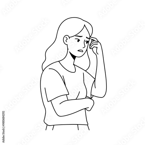 Woman thinking with a worried expression against a simple background  