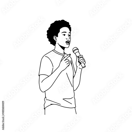 Person speaking passionately with a microphone in a simple outline  