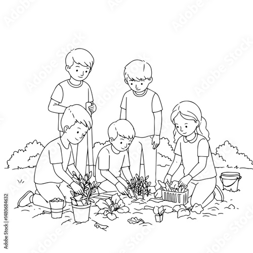 Kids planting flowers in a garden on a sunny day   photo