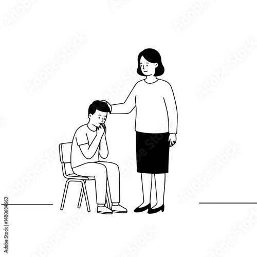 A woman comforting a boy sitting in a chair  