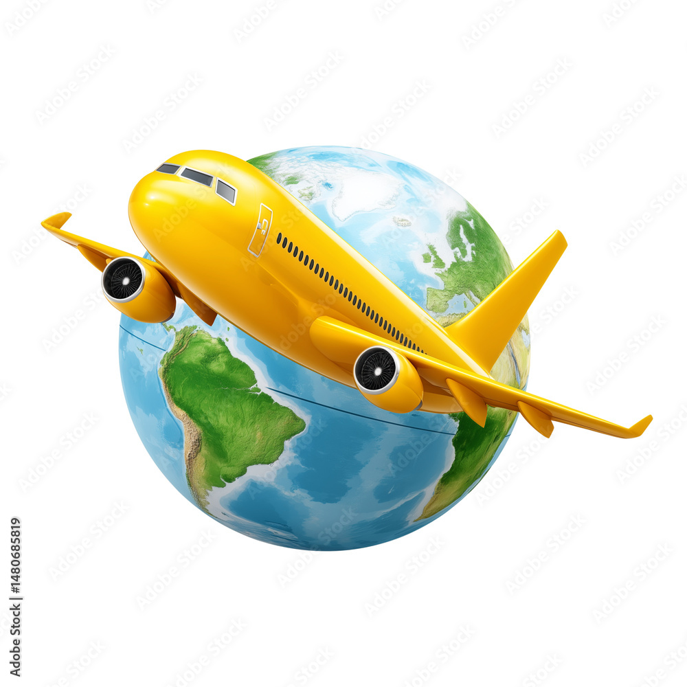 Yellow airplane flying around globe isolated on white