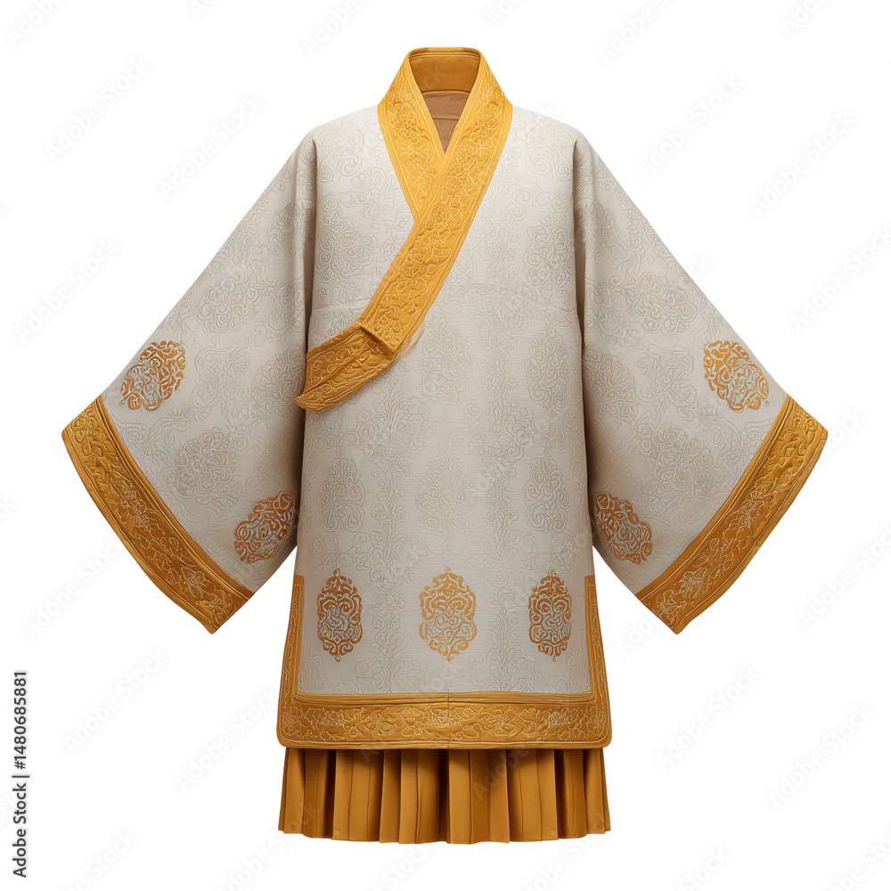 Traditional Chinese hanfu robe with golden embroidery isolated on white