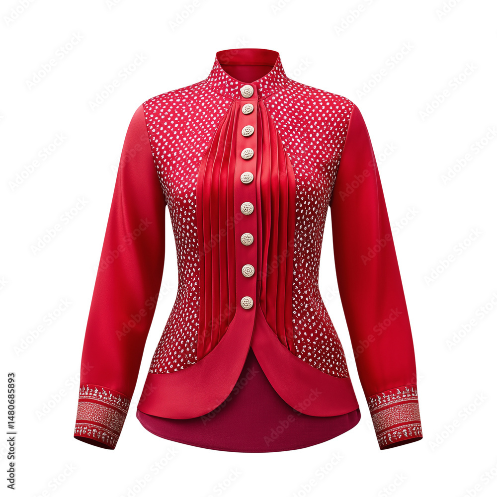 Traditional Indonesian kebaya with embroidery and button details isolated on white