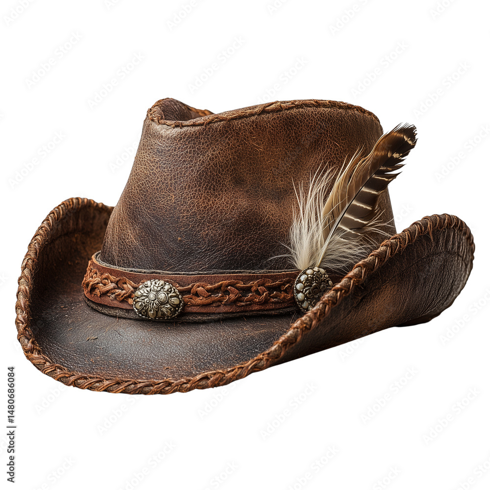 Vintage leather cowboy hat with feather and braided details isolated on white