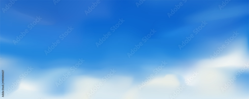Obraz premium Sky and clouds on blue white gradient background. Abstract blurred texture of sunny day with morning sunlight in winter. Illustration of bright horizon nature landscape.