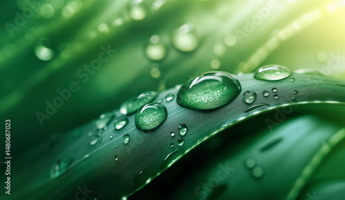 Close-up aloe vera leaves with water drops on the surface, succulent plant texture and transparency of drops on calm green background. Copy space, place for text, banner