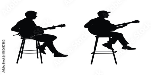 Two Guitarists Sitting on Stools in Profile View, Engaged in Musical Performance