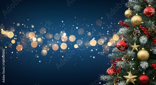 Close-up of a beautifully decorated Christmas tree branch with vibrant red and gold baubles, a golden star, and natural pinecones. Soft, sparkling bokeh lights on a rich blue backdrop