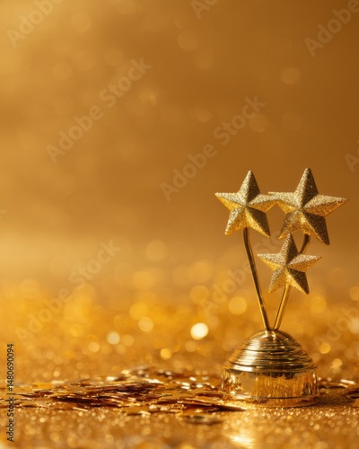 Golden Star Trophy on Glittering Surface Close Up for Achievement Success and Celebration Concept with Bokeh Background