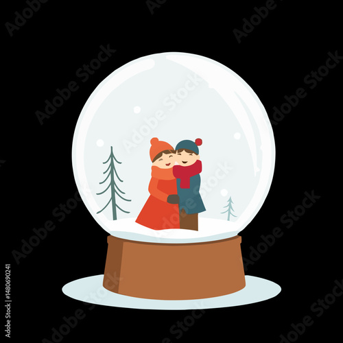 Winter Embrace in Snow Globe: A heartwarming illustration of a couple embracing within a snow globe. Tiny snowflakes gently fall around them, framed by winter trees and a snowy landscape.