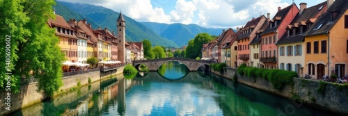 Annecy's charming old town, Thiou River, canals, bridges , stone, sky