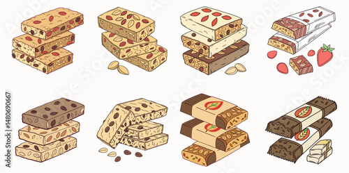 collection of Healthy and tasty granola bars Snacks, isolated on a white background, perfect for a quick snack, Cartoon granola bars. Healthy raw organic vegan muesli sweets with dried fruits and nuts