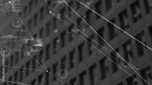 Flat design pattern showing network overlaying office facade, featuring circular nodes, bar charts