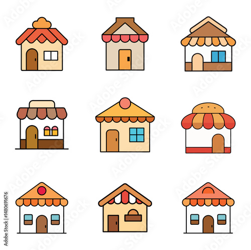 A vector set features bakery house icons and building symbols for real estate design and web elements