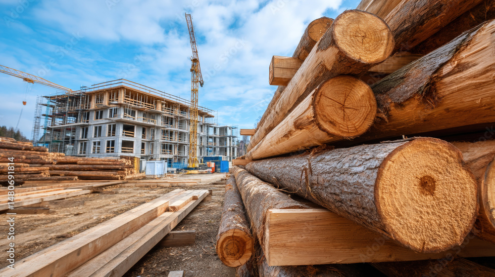 Construction Site with Timber Logs and Modern Apartment Buildings Under Development with Crane in Background