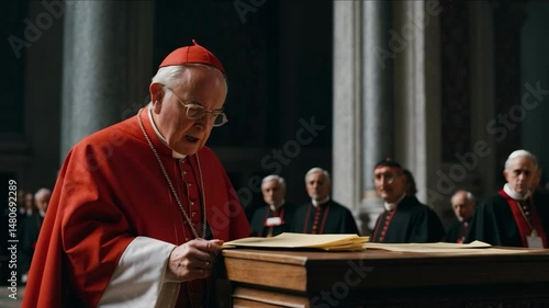 Catholic cardinal standing by the altar, holding a folded ballot as he prepares to cast his vote during the papal conclave. 