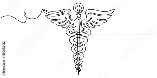 Medical symbol caduceus. Continuous One line drawing, Medical symbol caduceus. Continuous one line art drawing of Vector illustration, Healthcare Facilities Continuous Line Editable Stroke Line.