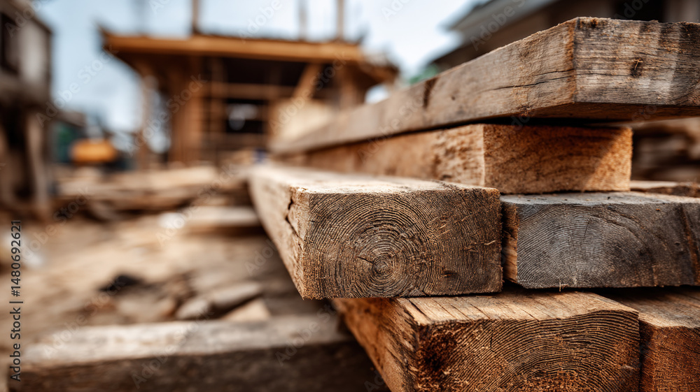 Stack of Rough Sawn Timber Planks at Woodworking Workshop or Sawmill on Sunny Day Outdoors