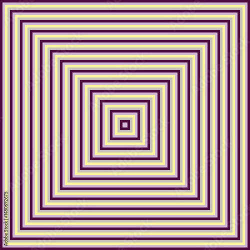 Visual effect created by purple, mauve, yellow and grey squares getting progressively smaller