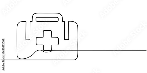 One continuous line drawing of first aid kit box. Single line of first aid kit box vector illustration, Simple line art illustration of medical kit symbolizing emergency preparedness and healthcare.