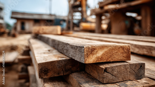Obraz na płótnie Stack of Rough Sawn Timber Planks at Woodworking Workshop or Sawmill on Sunny Day Outdoors w salonie