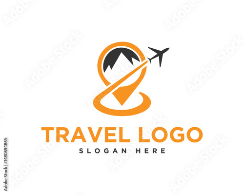 Creative travel agency vector template logo design featuring airplane mountain and location pin for tourism and adventure brand identity company