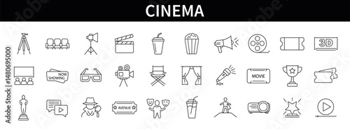 Cinema icons for web and mobile app. Containing movie making, filming, directing, acting, film screening, 3D glasses, popcorn, clapperboard, awards