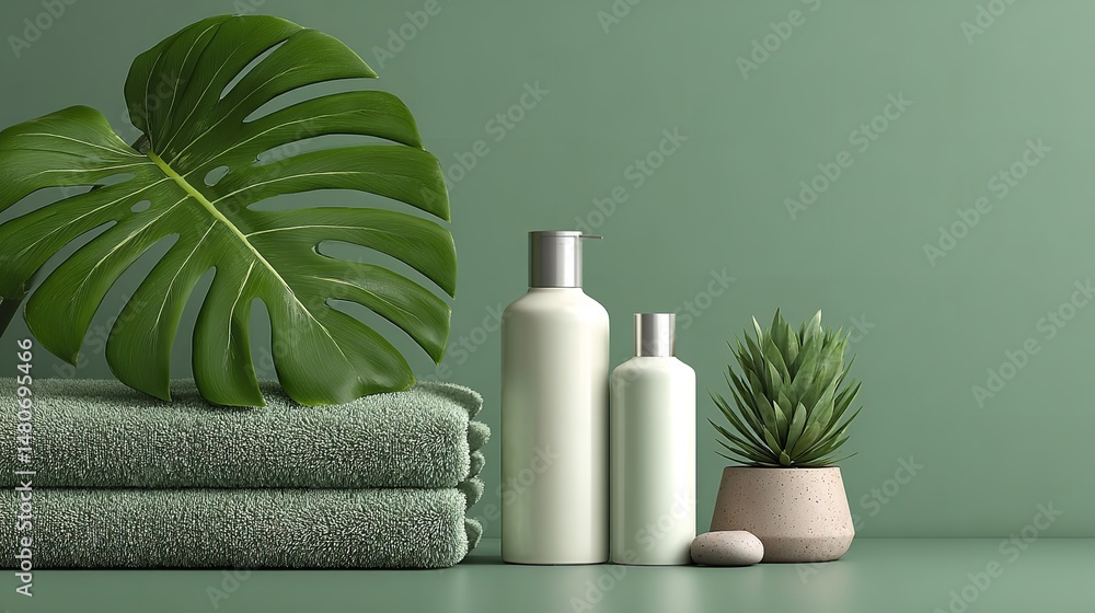 Minimal spa-themed composition with towels, shampoo bottles, and monstera leaf on pastel green background, perfect for beauty product ads Minimal spa-themed composition with towels, shampoo bottles, and monstera leaf on pastel green background, perfect for beauty product ads