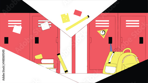 Back to school excitement Red lockers yellow backpack books and notes create a vibrant fun school hallway scene Flat