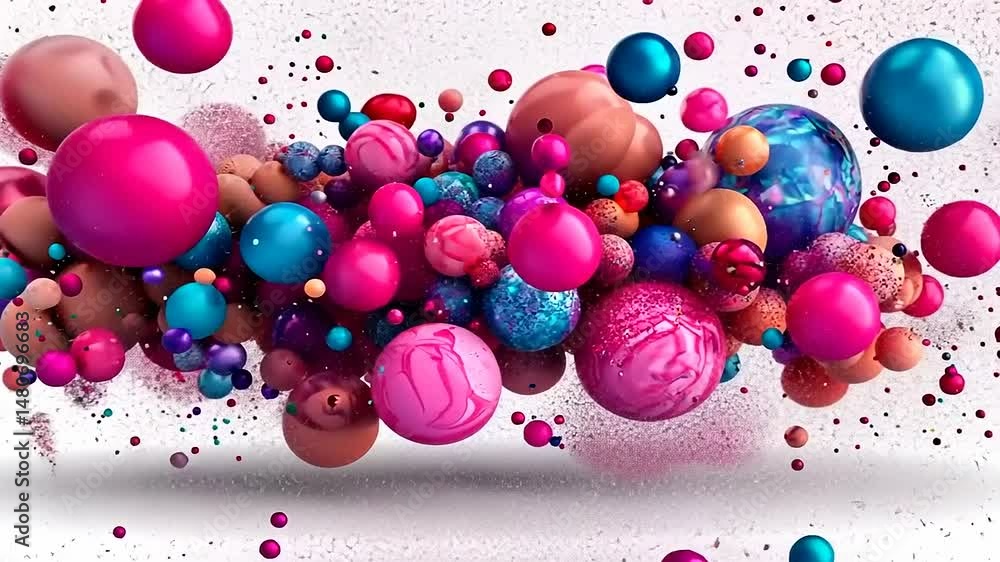 Colorful spherical particles floating in a bright, dynamic space on white background