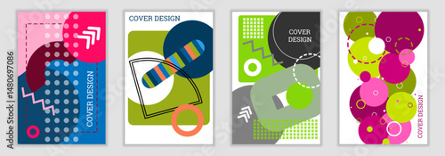 Bright background in Memphis style. Set of 4 geometric cover designs. Fashionable bright cover, banner, poster, booklet. Bright colors. Vector illustration