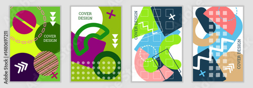 Bright background in Memphis style. Set of geometric cover designs. Fashionable bright cover, banner, poster, booklet. Bright colors. Vector