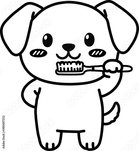Clip art of monochrome line drawing of a cute puppy brushing his teeth.