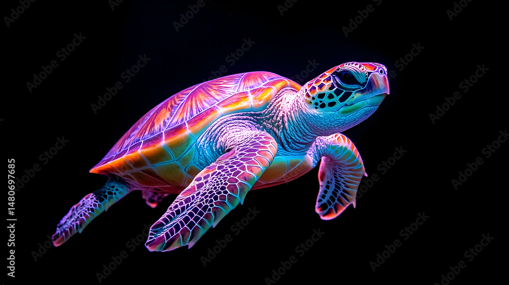 Fototapeta premium Vibrant Pixel Art Sea Turtle on Black Background
