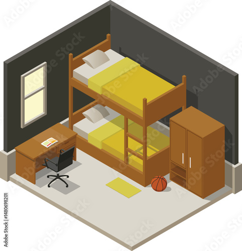 Isometric children bedroom with bunk bed
