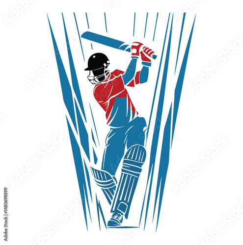 Vector illustration of a dynamic cricket batsman in action. Stylized design with blue and red. Perfect for sports and game graphics.