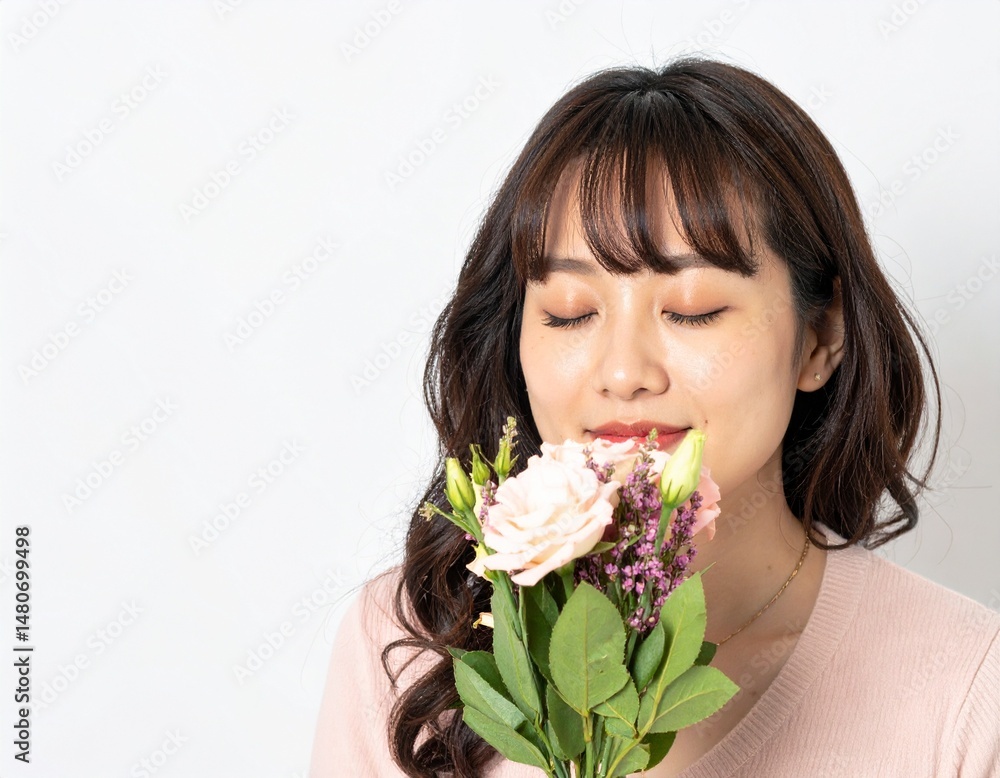 花の香りを嗅いで幸せな気持ちになる日本人女性 花の香りを嗅いで幸せな気持ちになる日本人女性