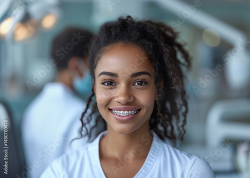 Male Dentist examines and adjusts braces during orthodontic treatment of patient African American woman, close-up of woman's mouth in equipped dental office