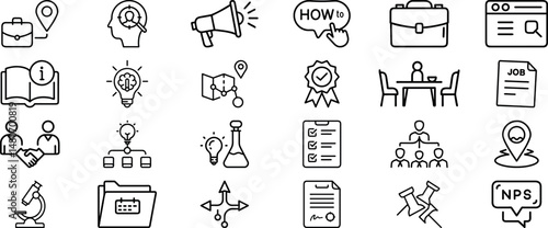 Vector illustrations of people, teamwork, leadership, education, and economic concepts are all present in this thin line set of business and finance icons.