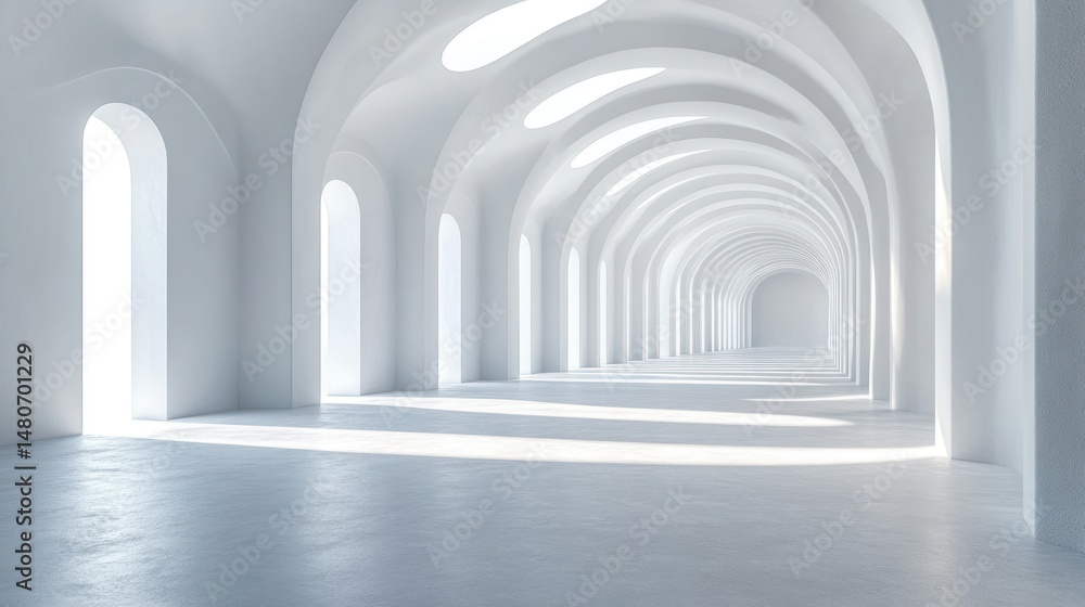 Empty, arched white hallway, bathed in natural light Empty, arched white hallway, bathed in natural light