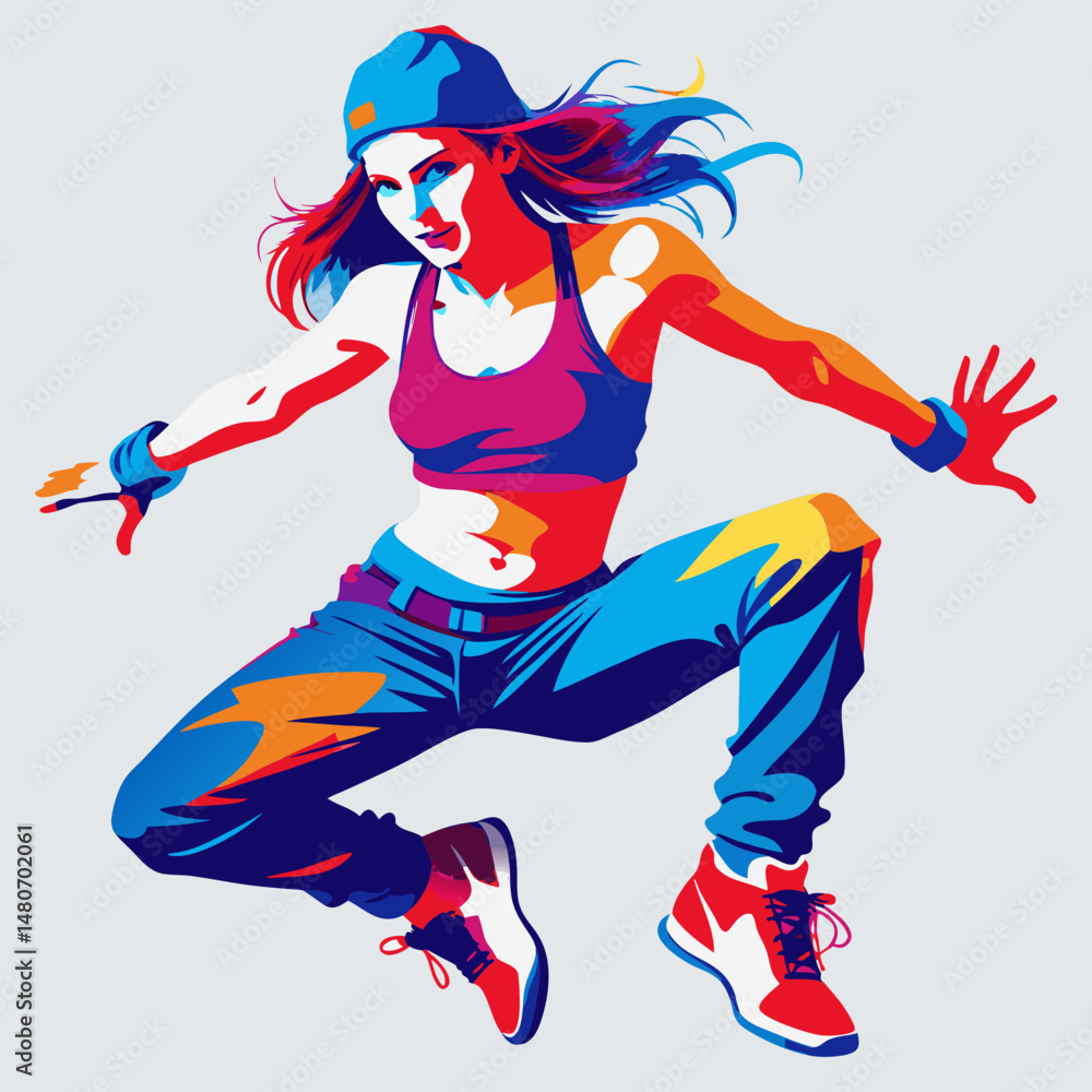Dynamic pop art style vector illustration of a female dancer in action, vibrant and energetic Dynamic pop art style vector illustration of a female dancer in action, vibrant and energetic