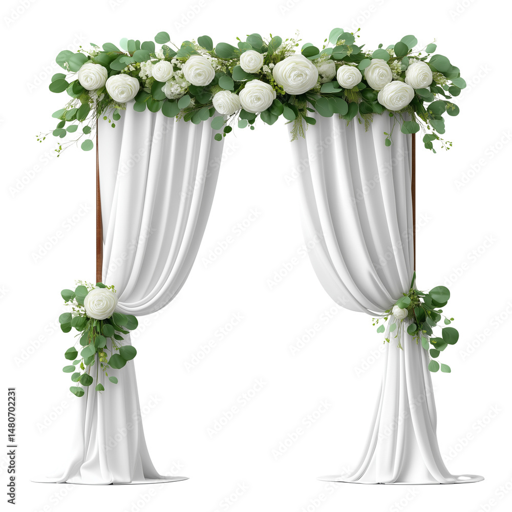 Floral wedding arch with white roses and drapery isolated on white