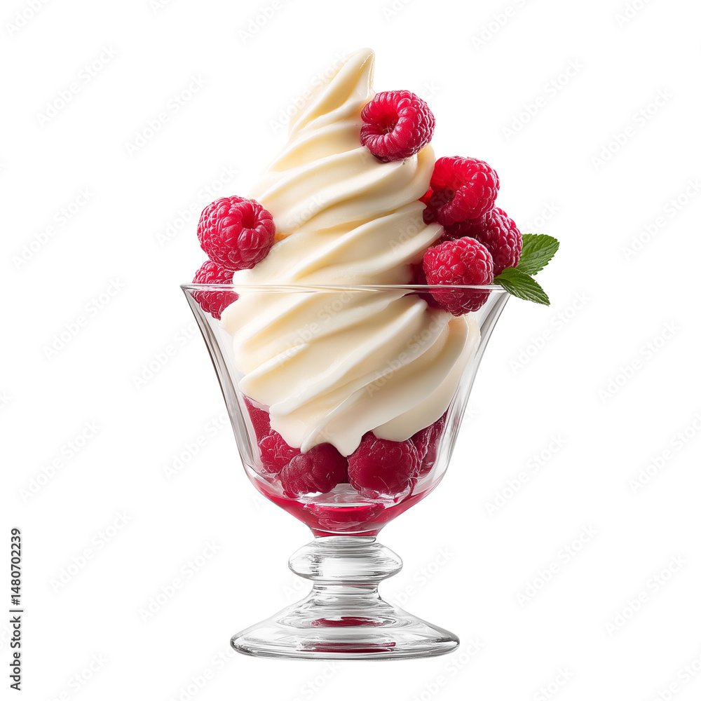 Vanilla soft serve ice cream with raspberries in glass isolated on white