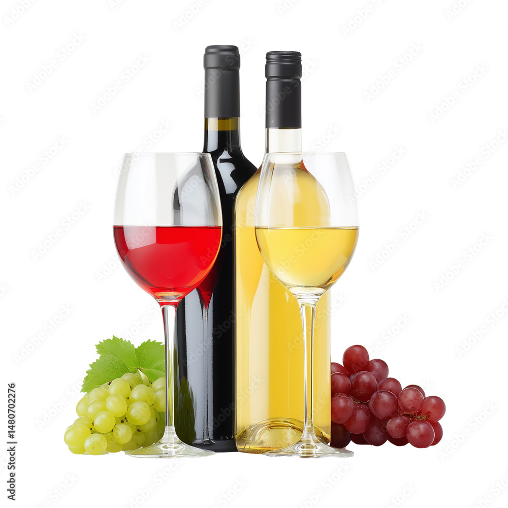 Red and white wine with grapes and glasses isolated on white
